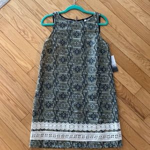 KENSIE Green Aztec Print Sleeveless Dress M Lace Trim Shift Unlined Jacquard